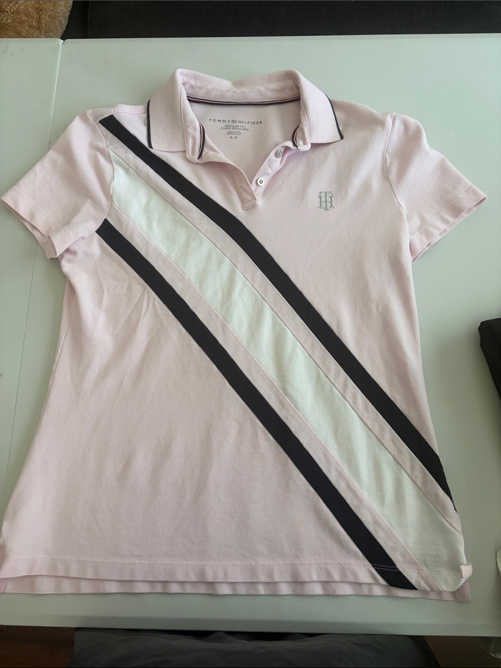 Tommy Hilfiger Light Pink Polo with Diagonal Black and White Stripes